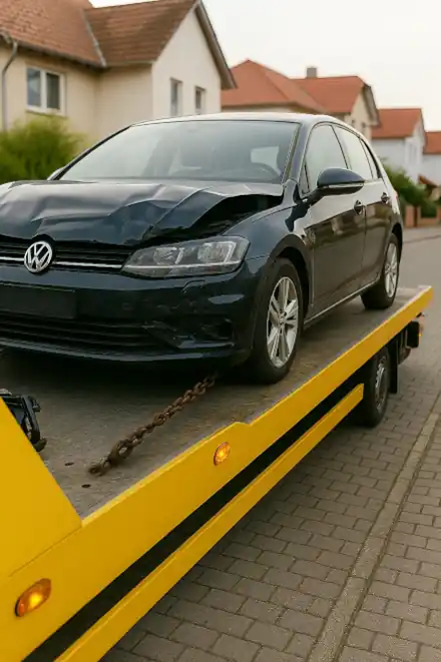 Ein defektes Fahrzeug wird in Minden abgeschleppt, um es beim Autoankauf trotz seines Zustands zu verkaufen.