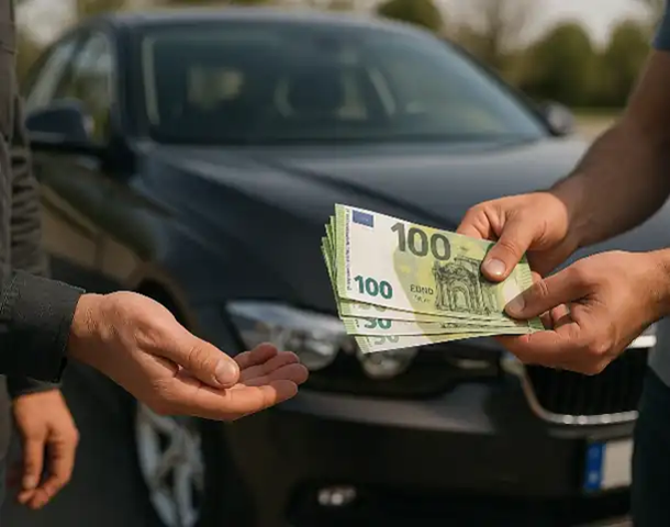 Ein Kunde erhält Bargeld beim Autoankauf in Minden, nachdem der Verkauf seines Fahrzeugs erfolgreich abgeschlossen wurde.